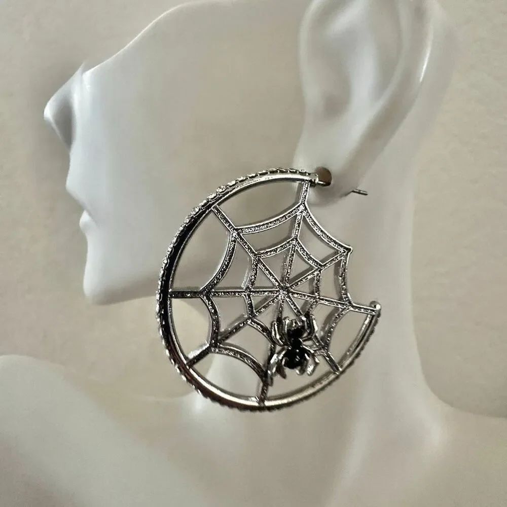 Spiderweb Hoop Earrings with Black Rhinestone Spiders
